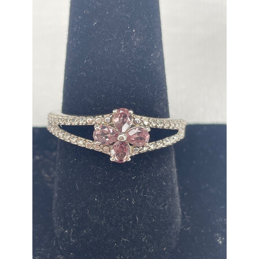 Sterling Silver Pink Flower Ring Oval Gemstone Split Shank Pavé Band Size 7